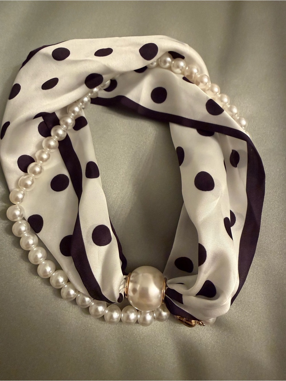 Neiman Marcus Black & White Polka Dot Scarf Bracelet with Pearl Accent